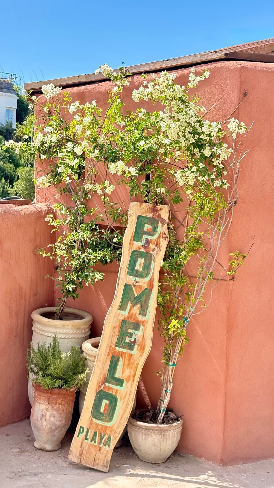 A wooden Pomelo Playa sign leaning against a terracotta wall beside flowering plants.