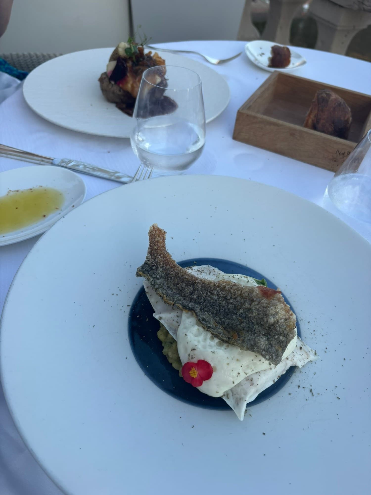 Kai’s Sea Bass Fillet at Nautika, topped with crisp skin.
