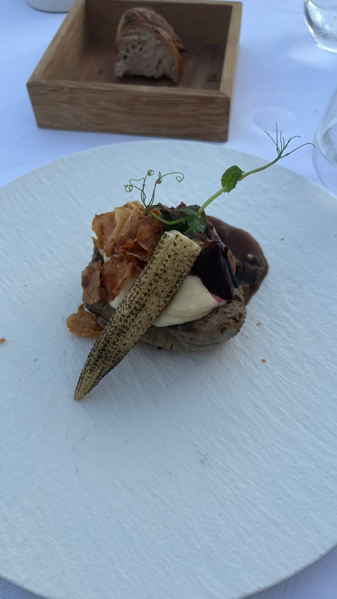Hannah’s Beef Charolais Fillet at Nautika, served with purée, vegetables and baby corn.