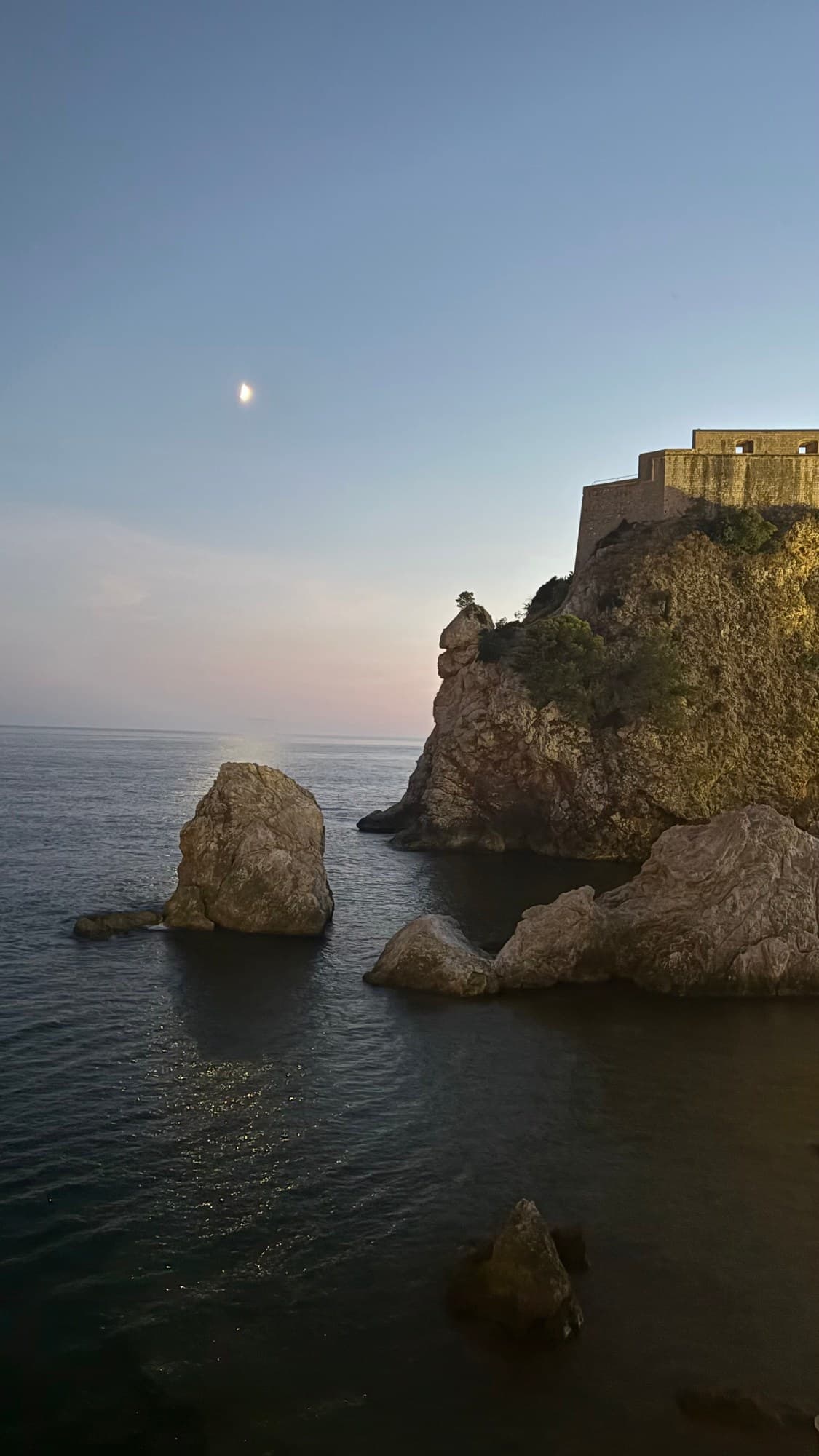 The sea and stone fortifications seen from Nautika’s terrace in Dubrovnik.